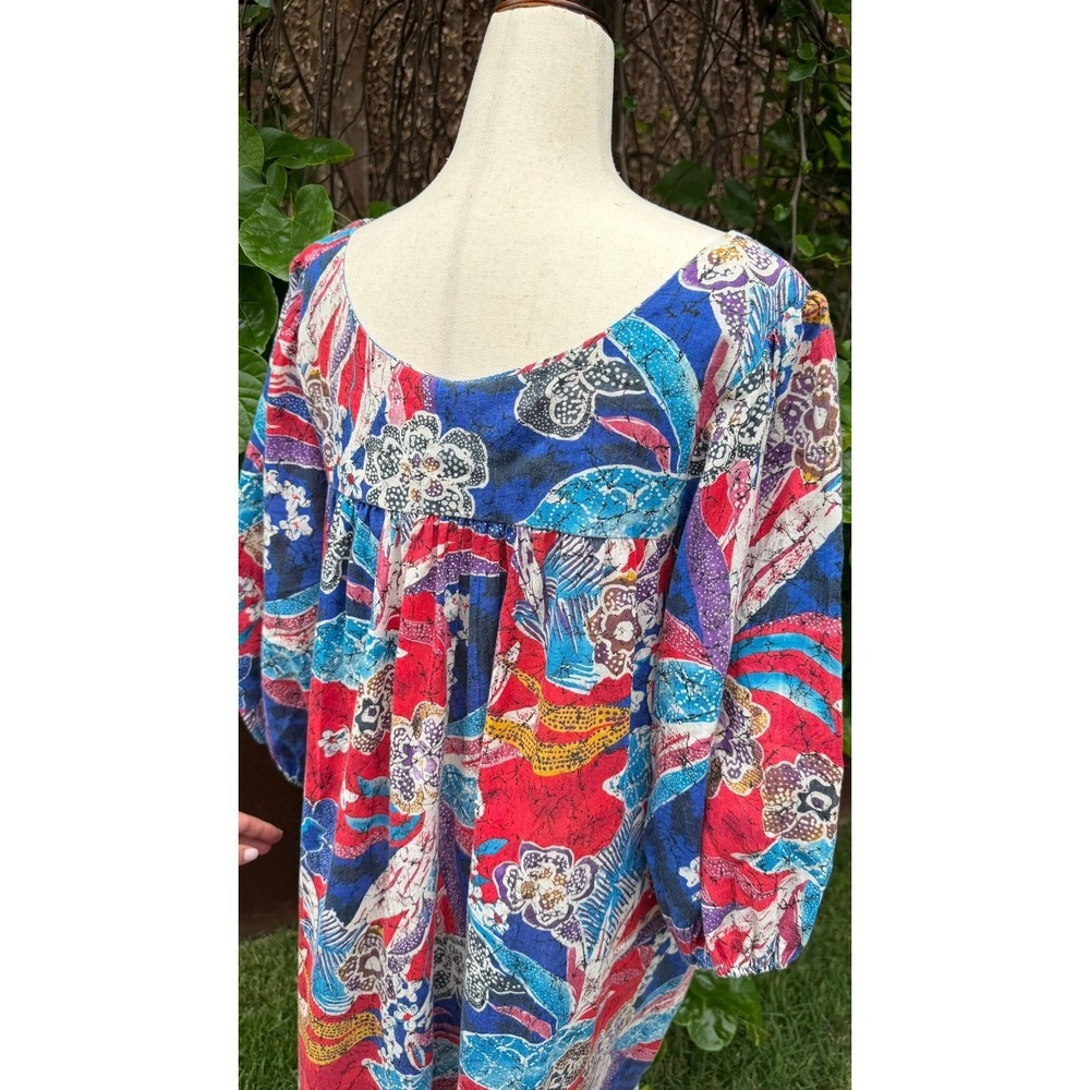 Vtg 80s California Dynasty Batik Floral Peasant Midi Dress Balloon Sleeve Boho - Picture 5 of 8